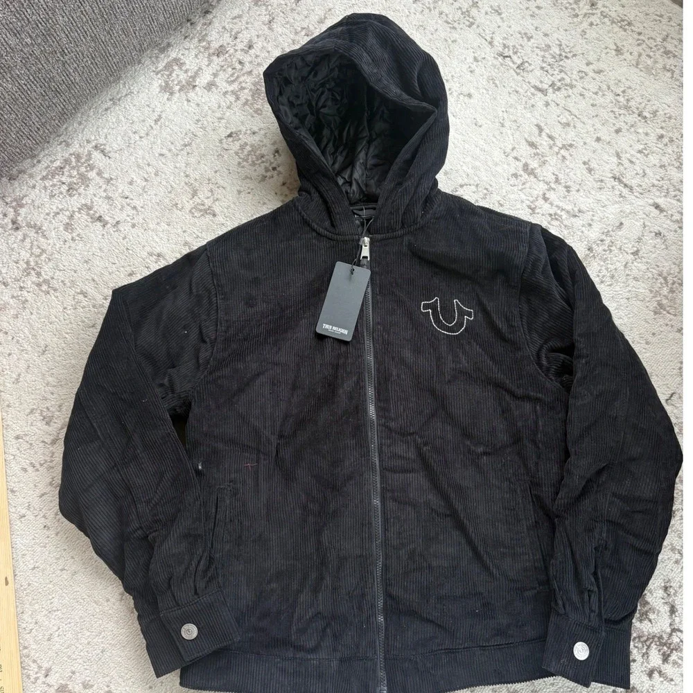 True Religion‎ Mens Corduroy Jacket Bomber Black Hooded Full Zip size small
